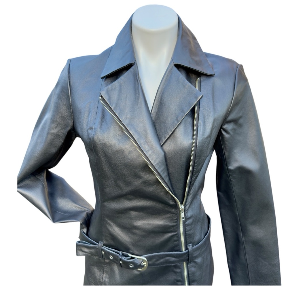 Vintage 1990’s Newport News Black Leather Asymmetrical Zip Moto Dress - Picture 10 of 14